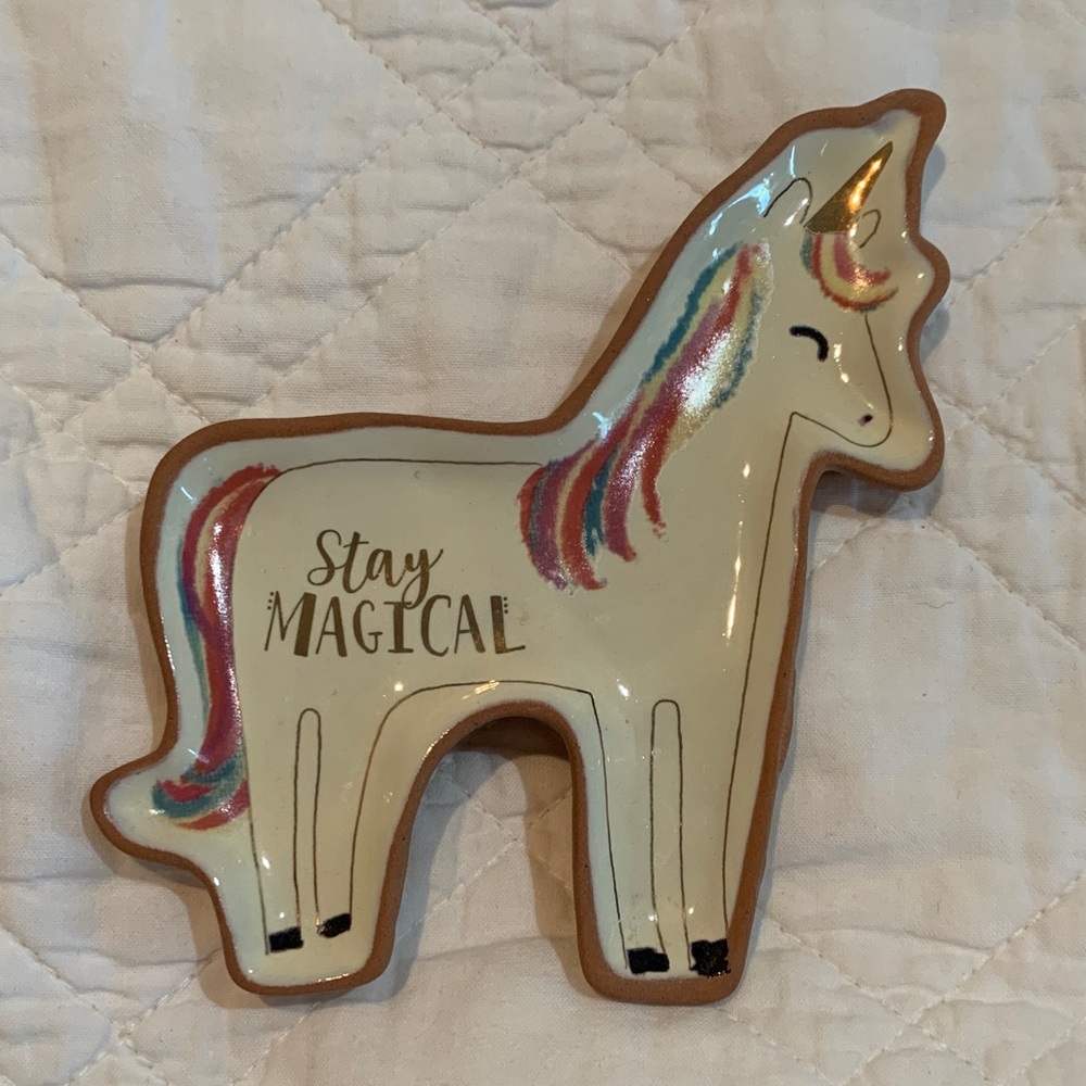 Stay Magical Unicorn Trinket Dish - Cream with Pastel Rainbow Mane